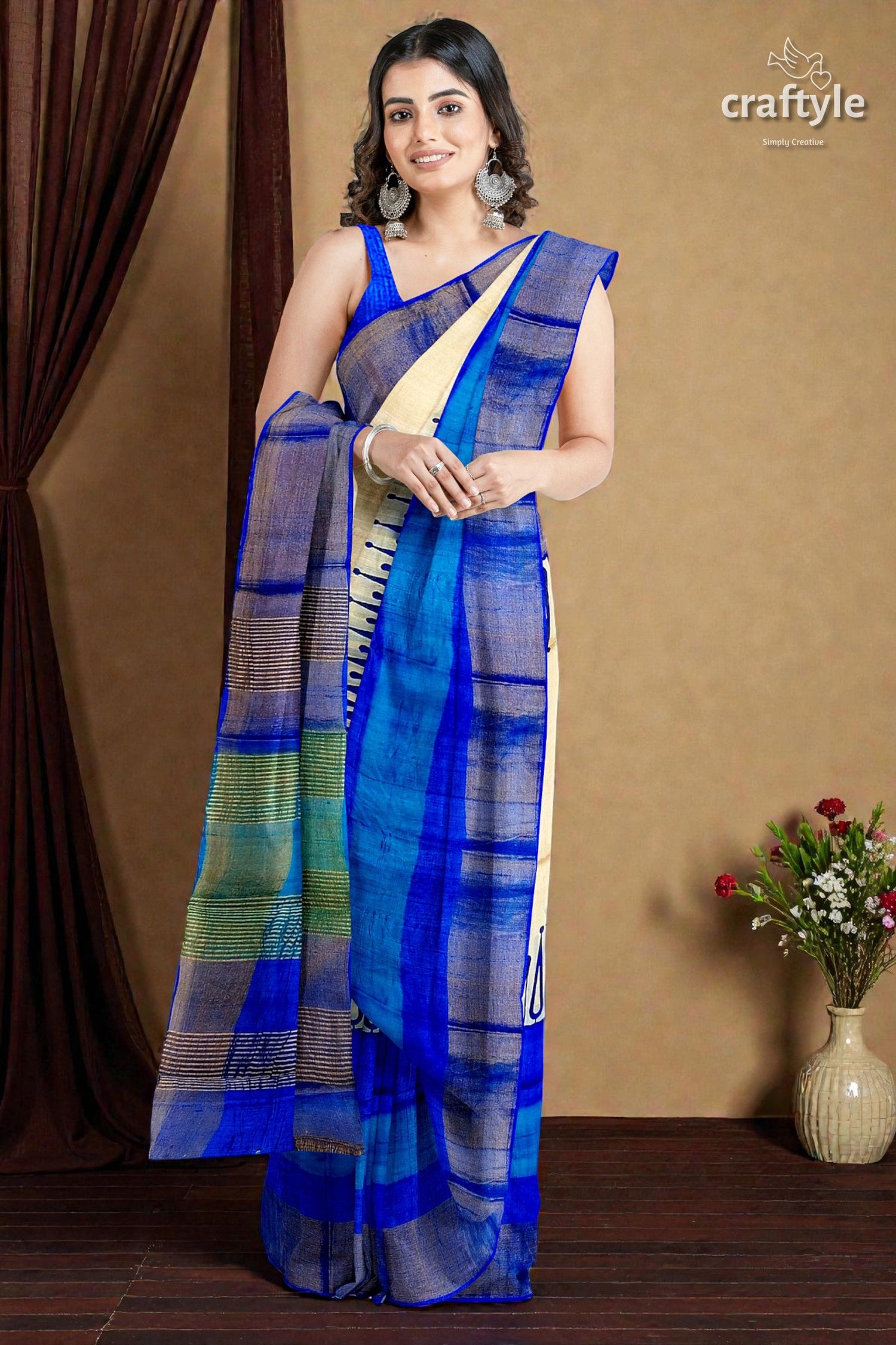 Hand Block Printed Azure Blue Pure Tussar Silk Saree with Zari Border