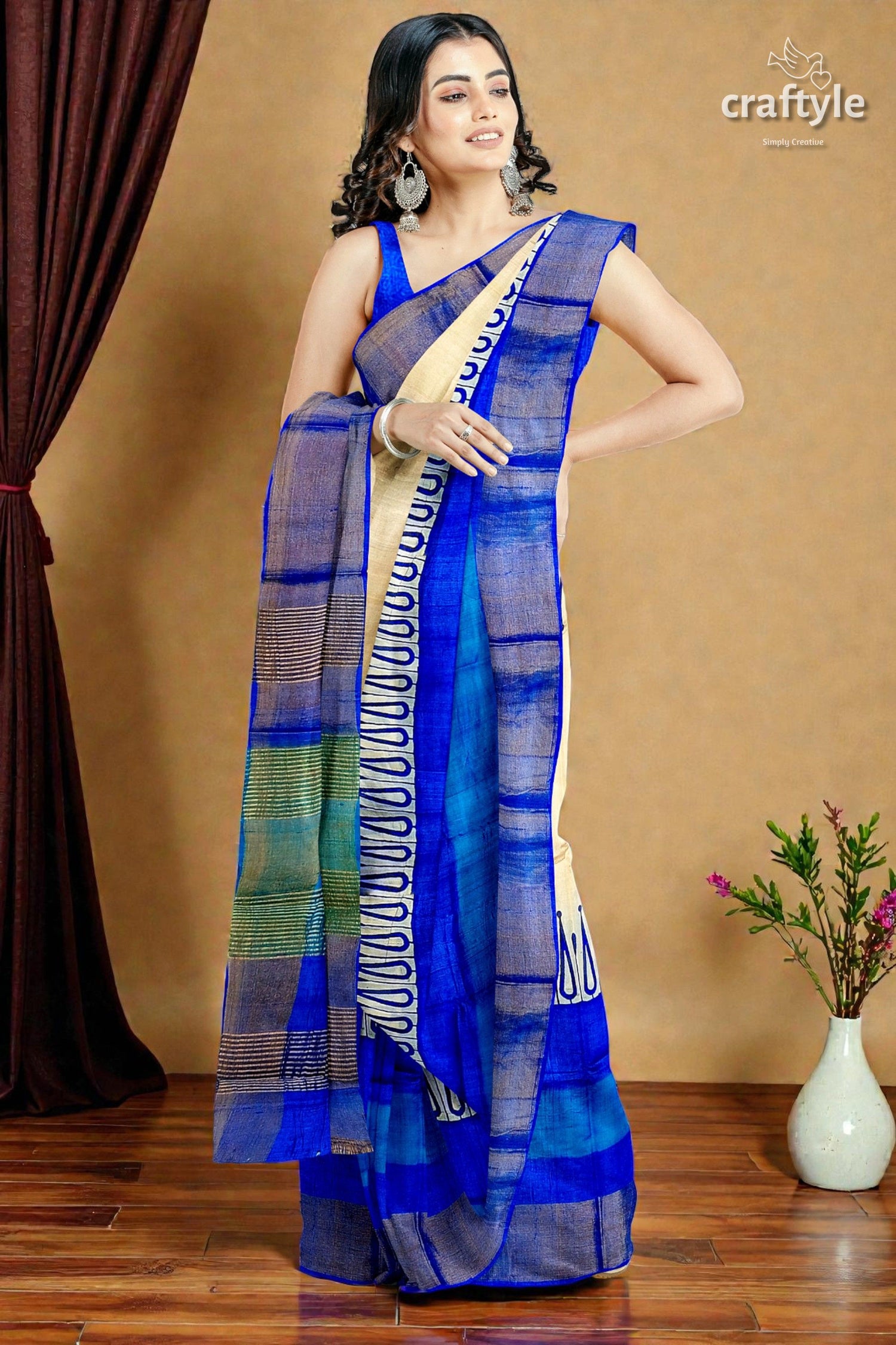 Hand Block Printed Azure Blue Pure Tussar Silk Saree with Zari Border