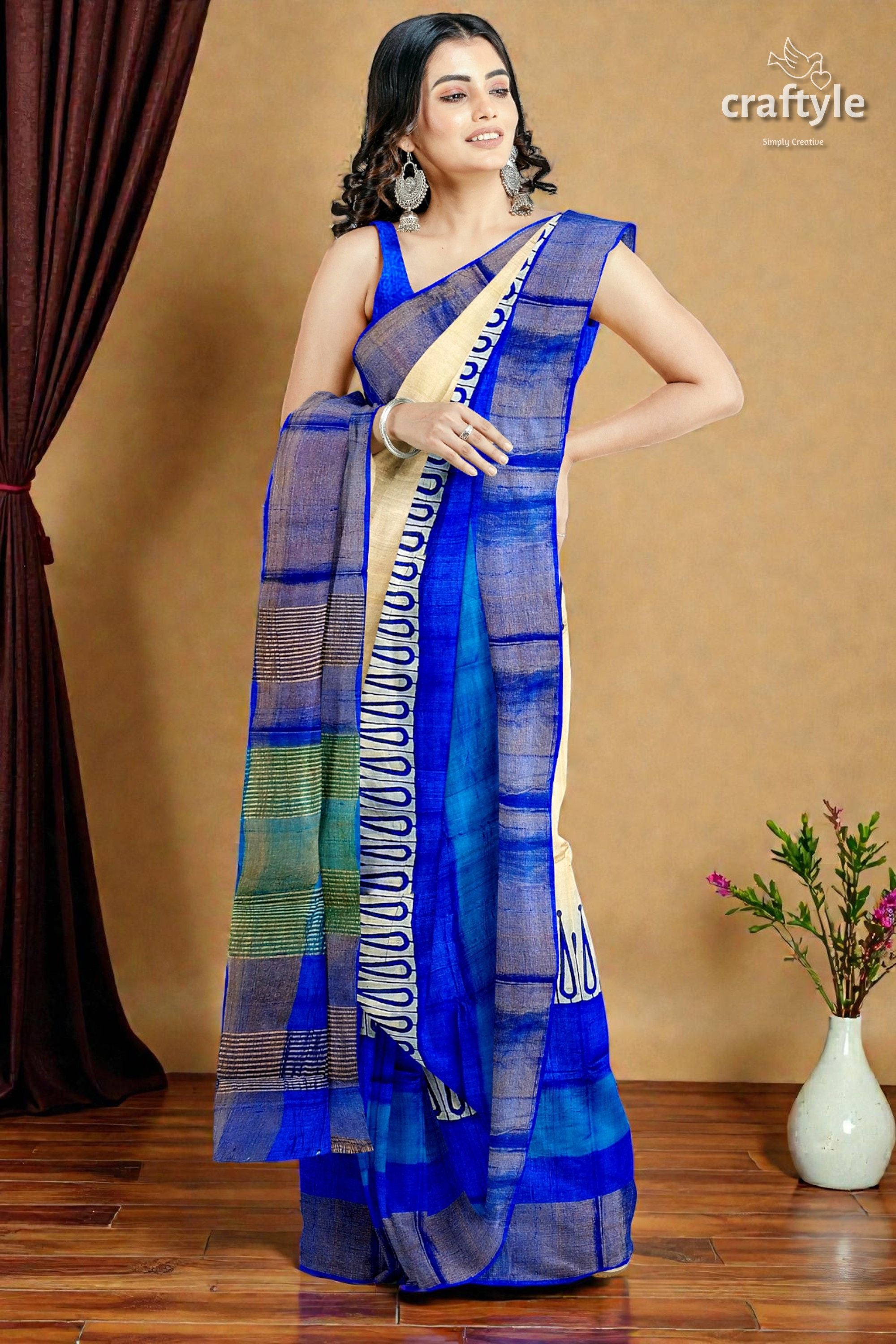 Hand Block Printed Azure Blue Pure Tussar Silk Saree with Zari Border