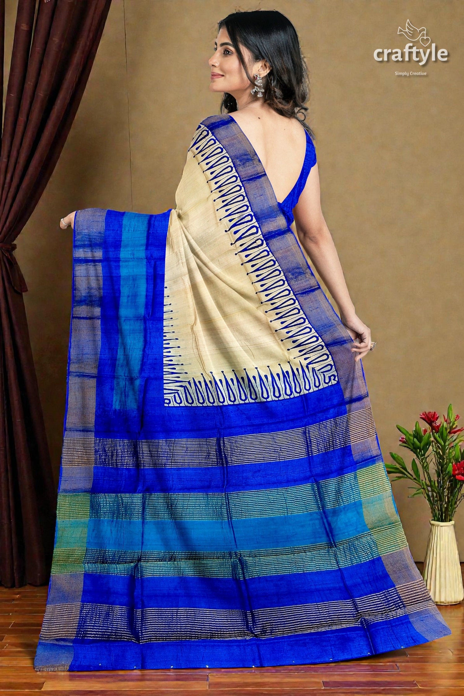 Hand Block Printed Azure Blue Pure Tussar Silk Saree with Zari Border
