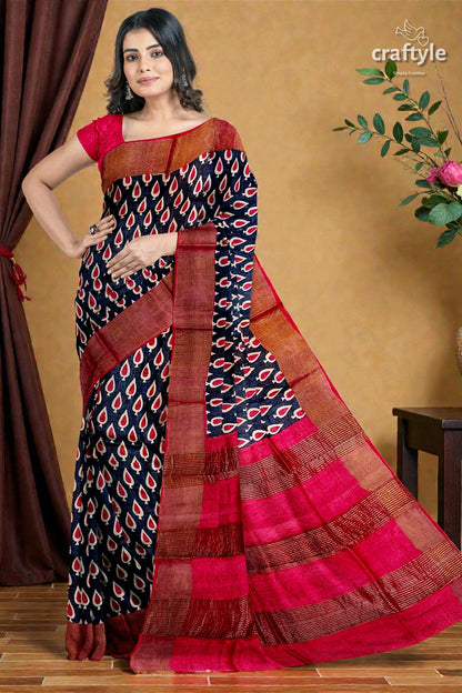 Black and Red Hand Block Printed Pure Tussar Silk Saree with Zari Border