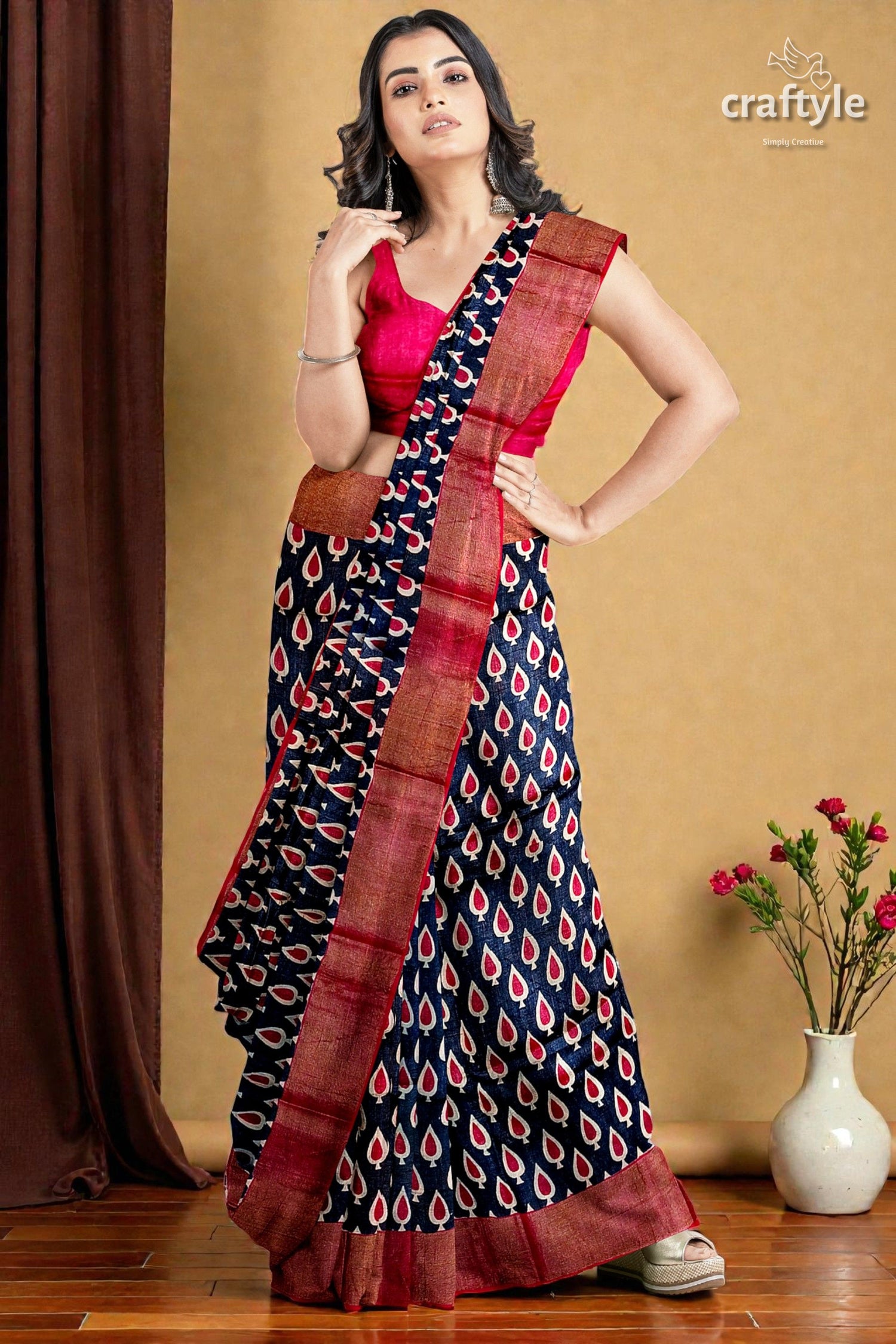 Black and Red Hand Block Printed Pure Tussar Silk Saree with Zari Border