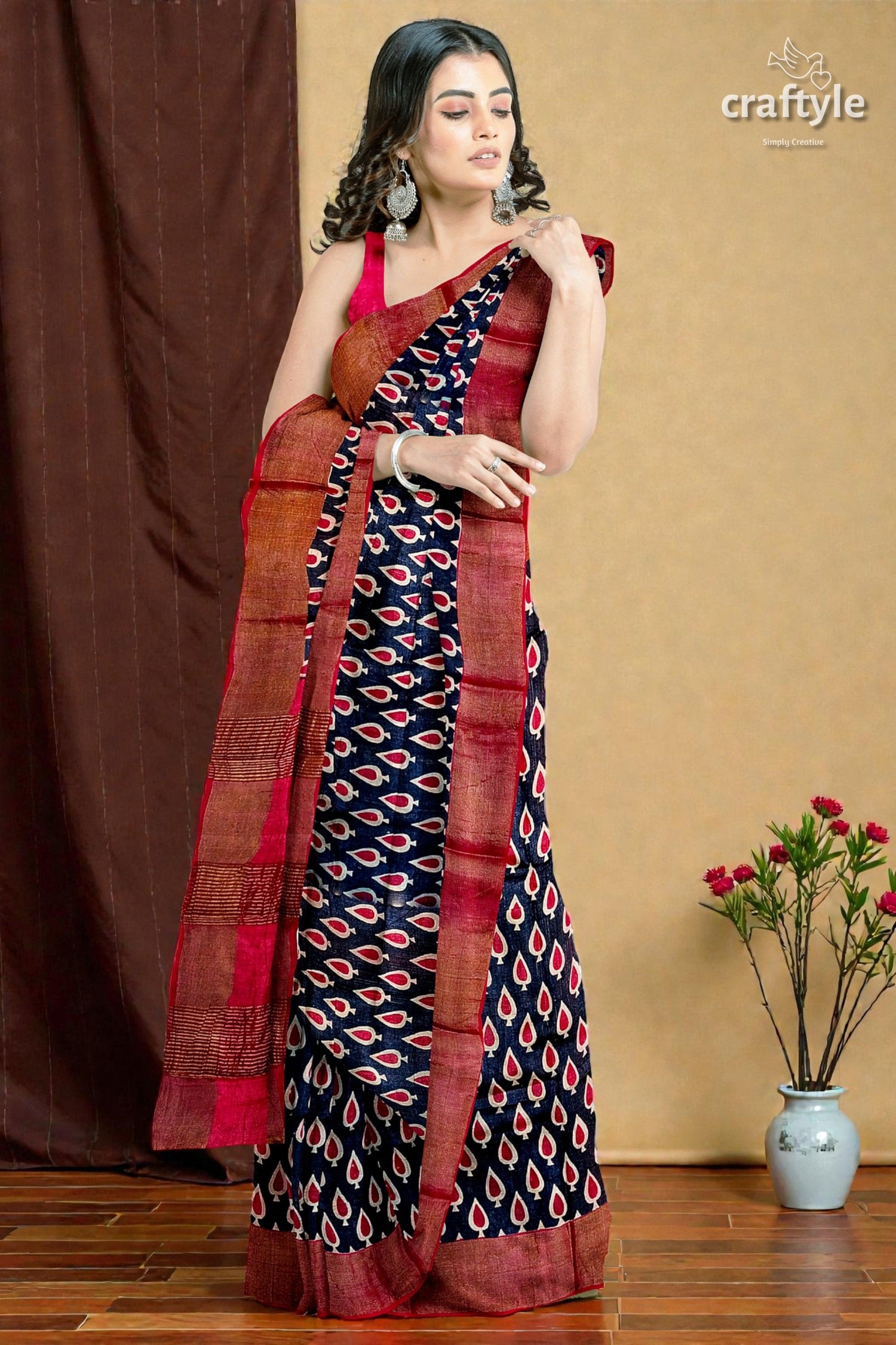 Black and Red Hand Block Printed Pure Tussar Silk Saree with Zari Border