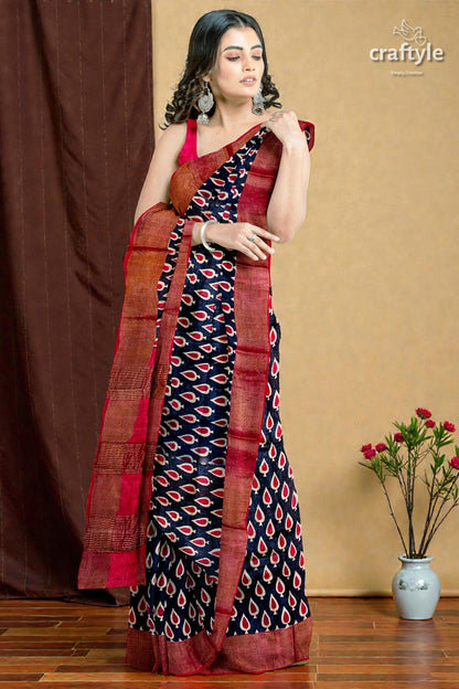 Black and Red Hand Block Printed Pure Tussar Silk Saree with Zari Border