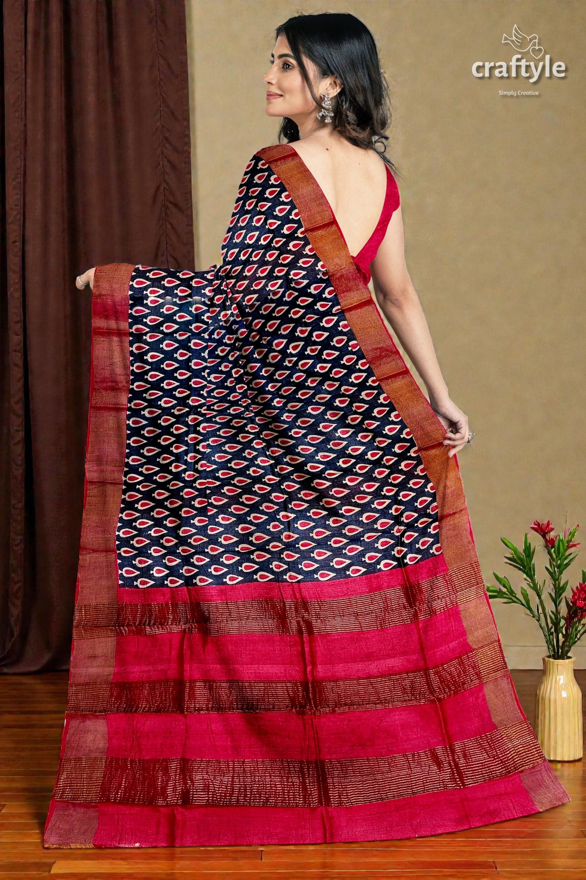 Black and Red Hand Block Printed Pure Tussar Silk Saree with Zari Border