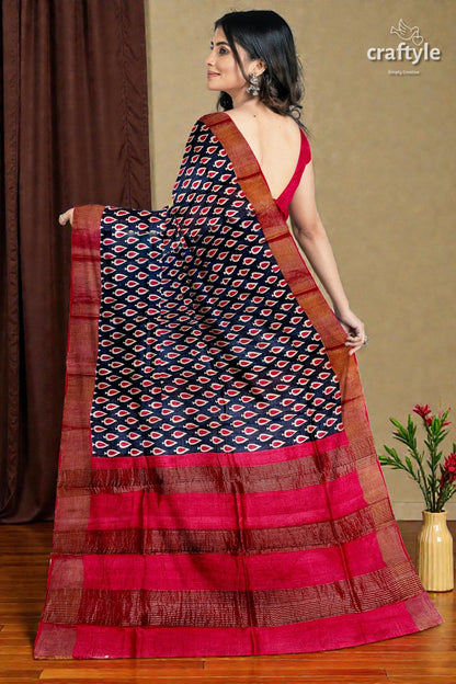 Black and Red Hand Block Printed Pure Tussar Silk Saree with Zari Border