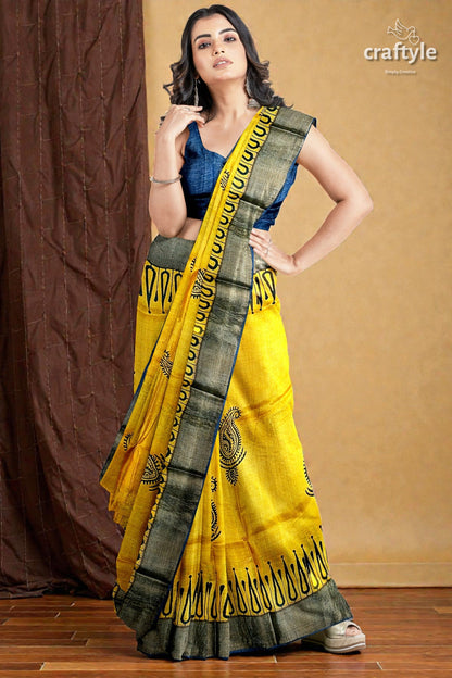 Energy Yellow Hand Block Print Zari Border Pure Tussar Saree