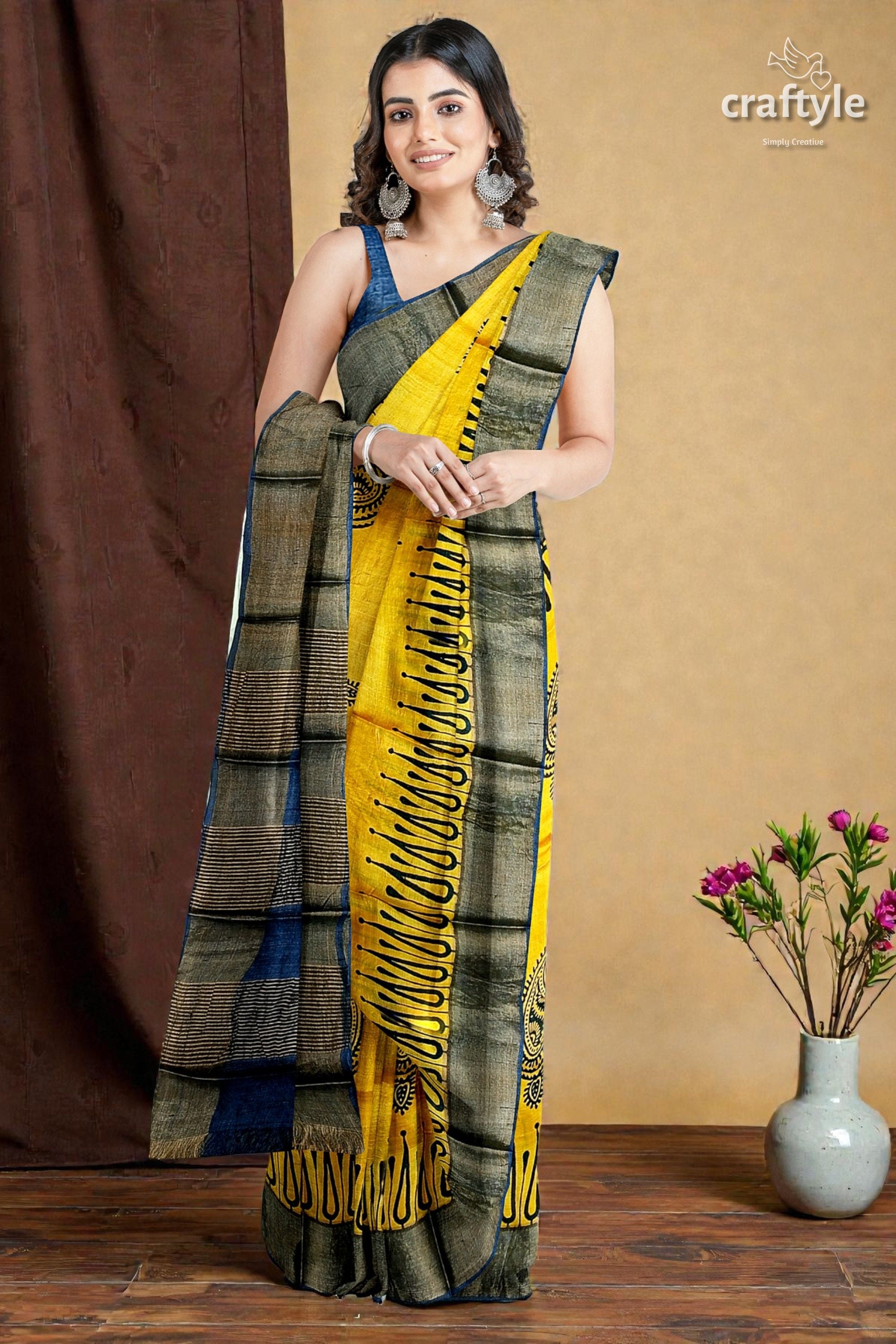 Energy Yellow Hand Block Print Zari Border Pure Tussar Saree
