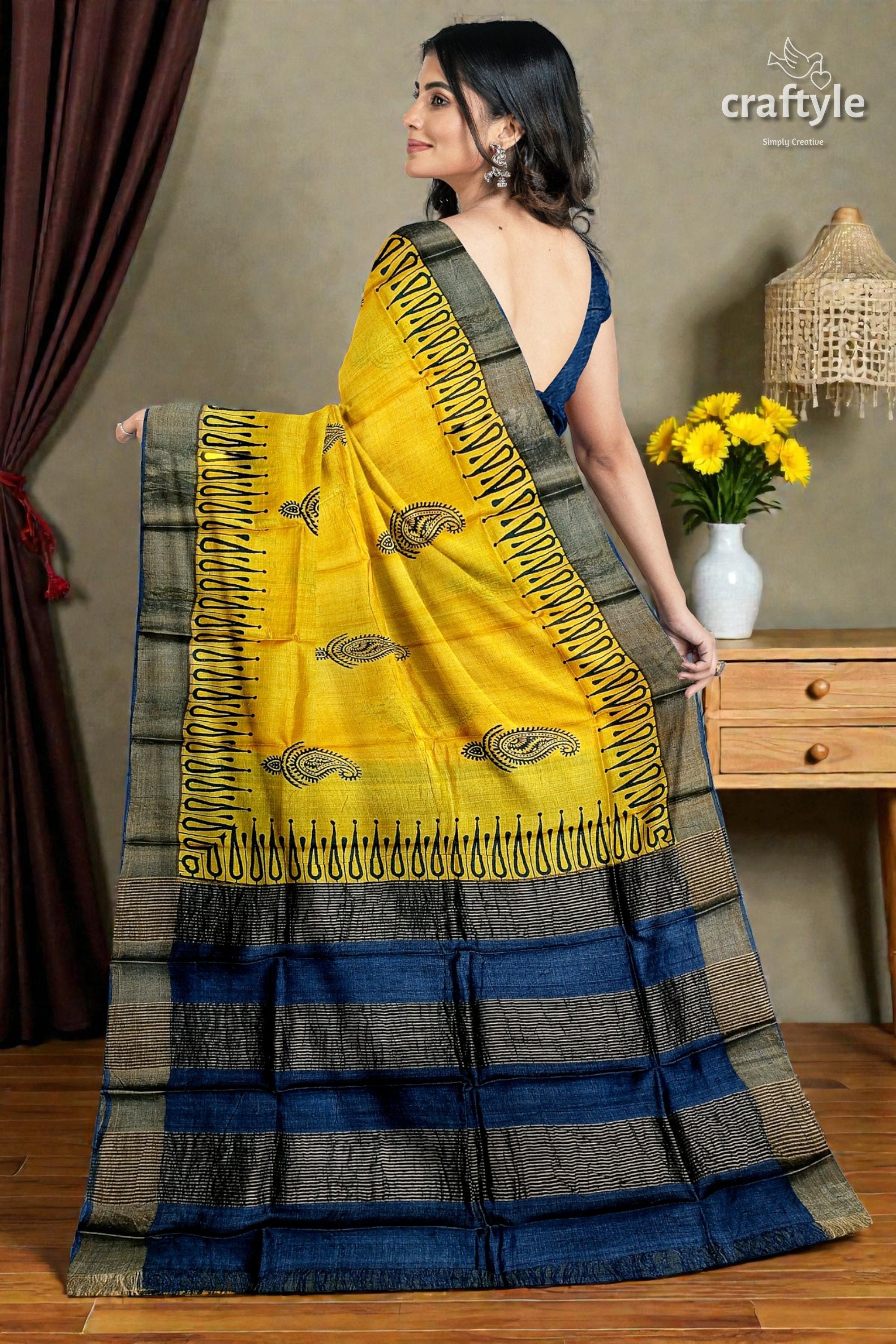 Energy Yellow Hand Block Print Zari Border Pure Tussar Saree