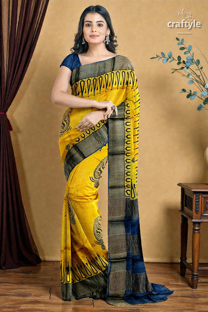 Energy Yellow Hand Block Print Zari Border Pure Tussar Saree