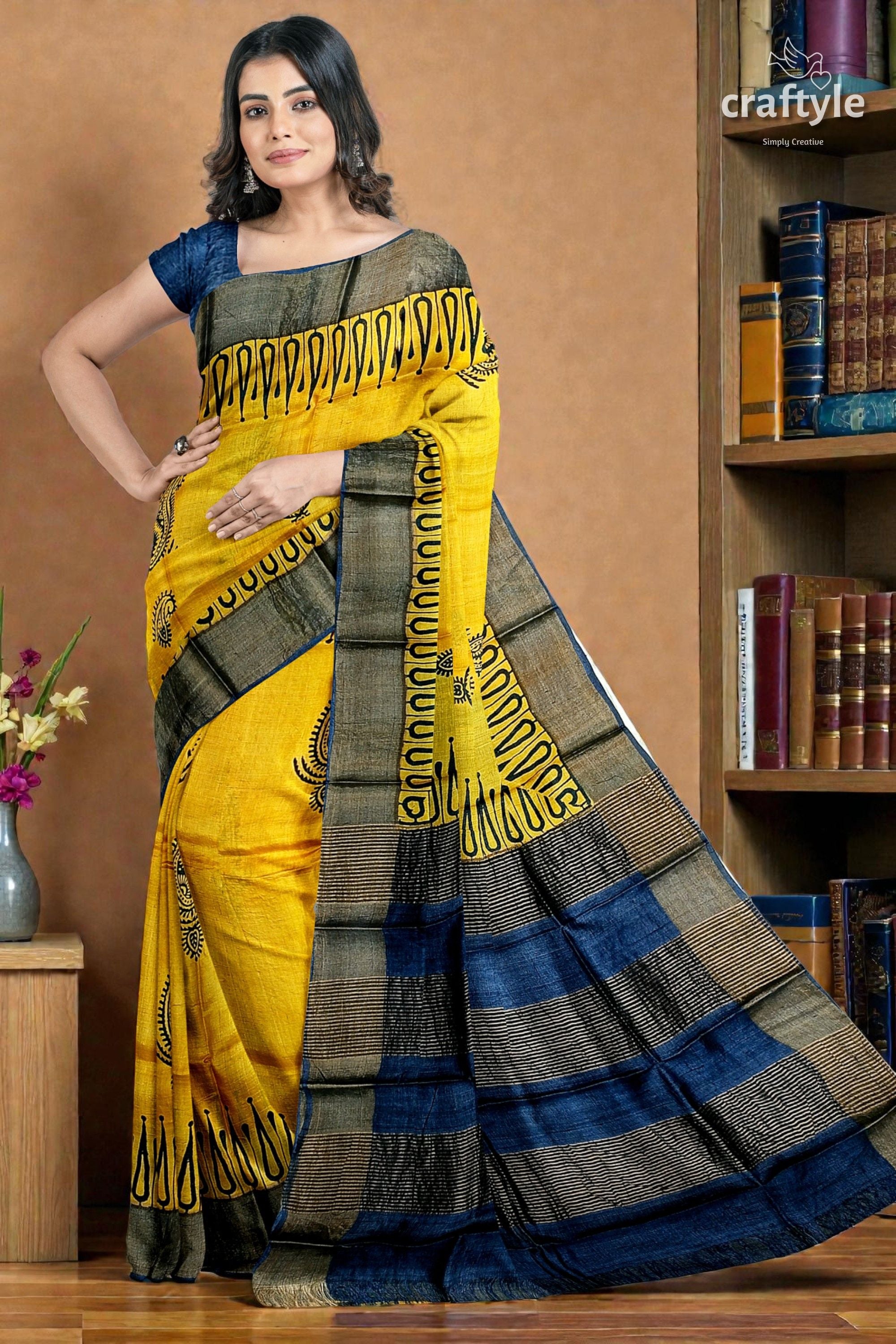 Energy Yellow Hand Block Print Zari Border Pure Tussar Saree