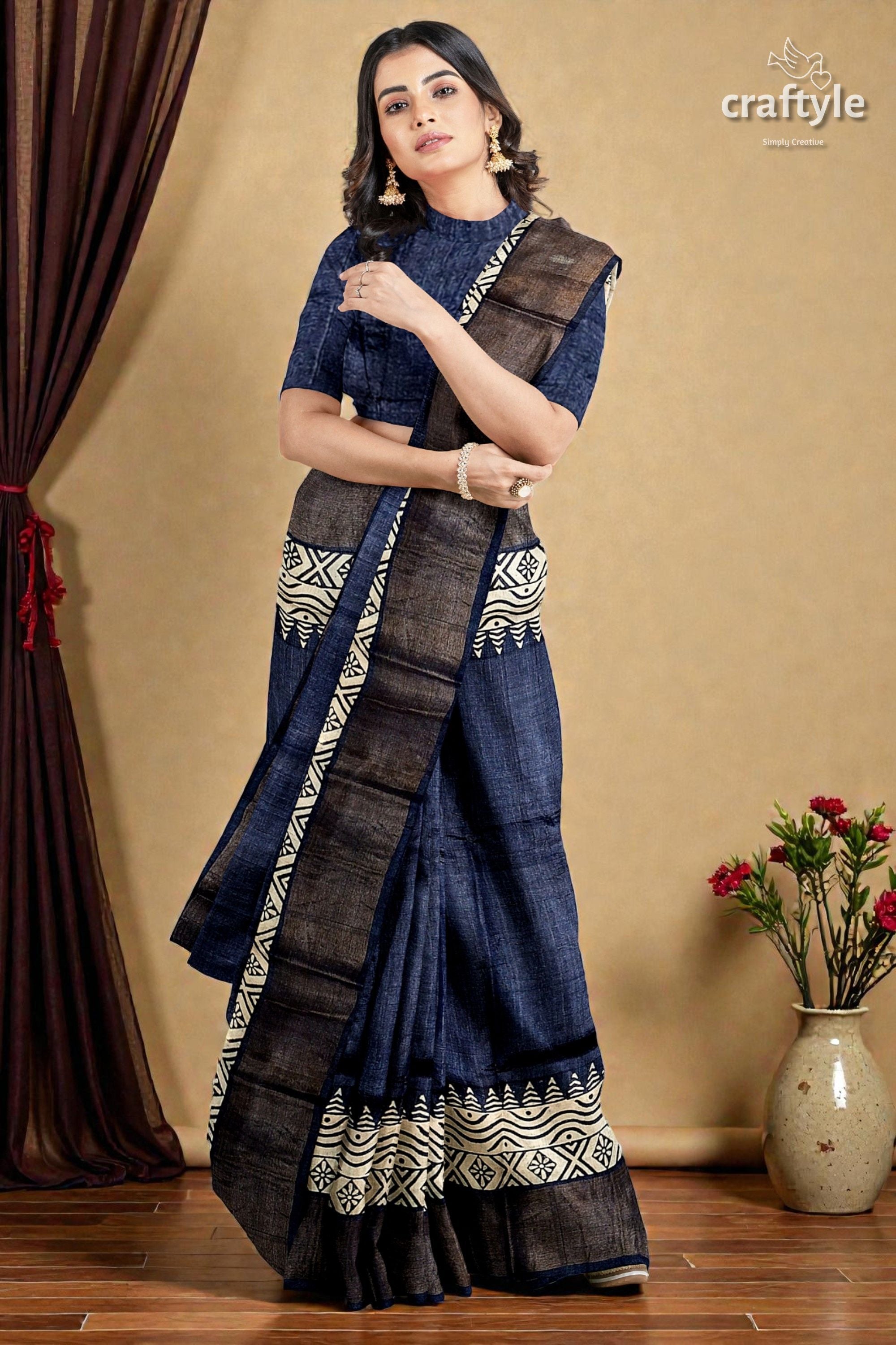 Black Rock Hand Block Print Zari Border Pure Tussar Saree