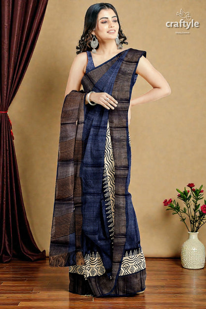 Black Rock Hand Block Print Zari Border Pure Tussar Saree