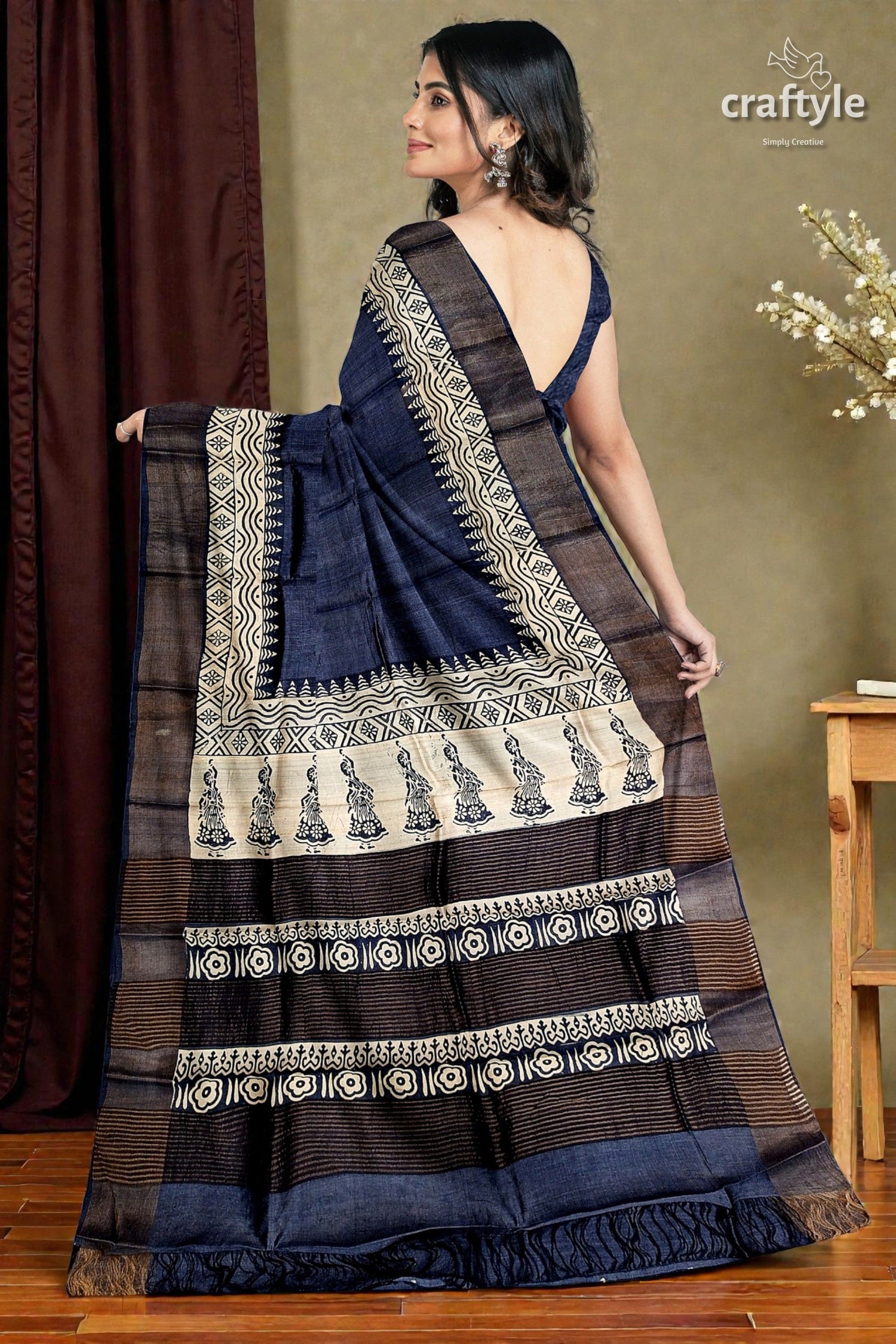 Black Rock Hand Block Print Zari Border Pure Tussar Saree