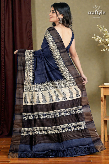 Black Rock Hand Block Print Zari Border Pure Tussar Saree
