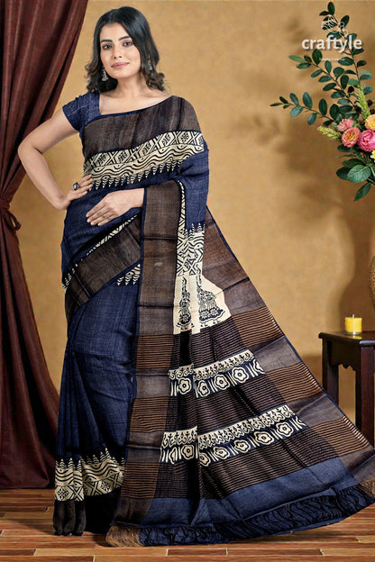 Black Rock Hand Block Print Zari Border Pure Tussar Saree