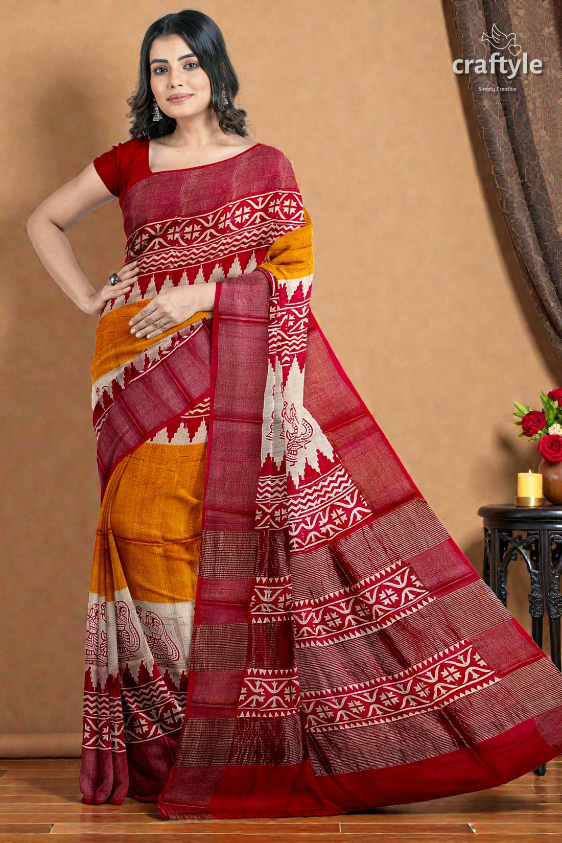 Orange Yellow Hand Block Print Zari Border Pure Tussar Saree