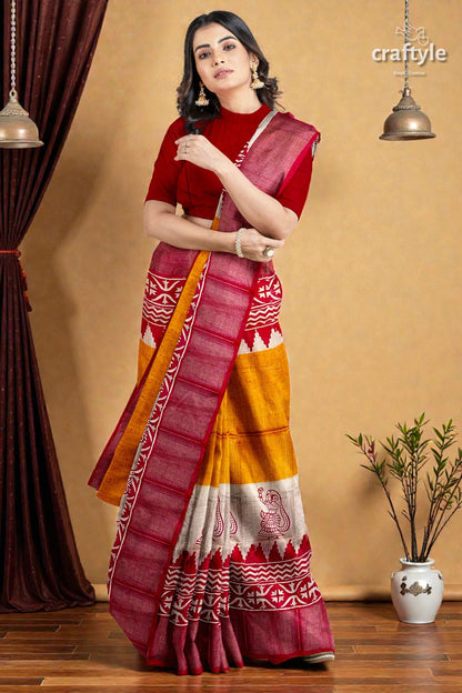 Orange Yellow Hand Block Print Zari Border Pure Tussar Saree