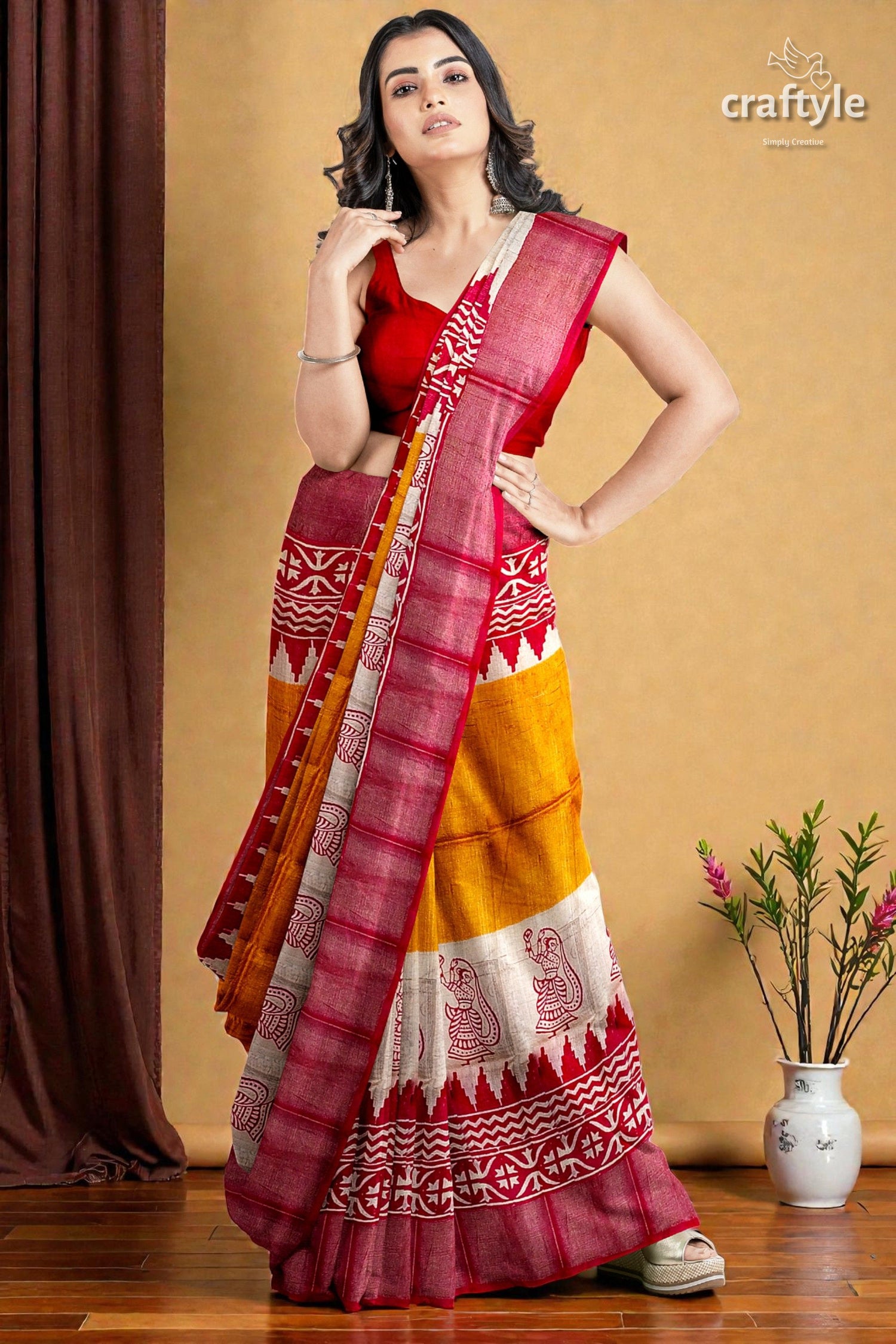 Orange Yellow Hand Block Print Zari Border Pure Tussar Saree