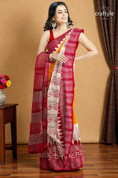 Orange Yellow Hand Block Print Zari Border Pure Tussar Saree