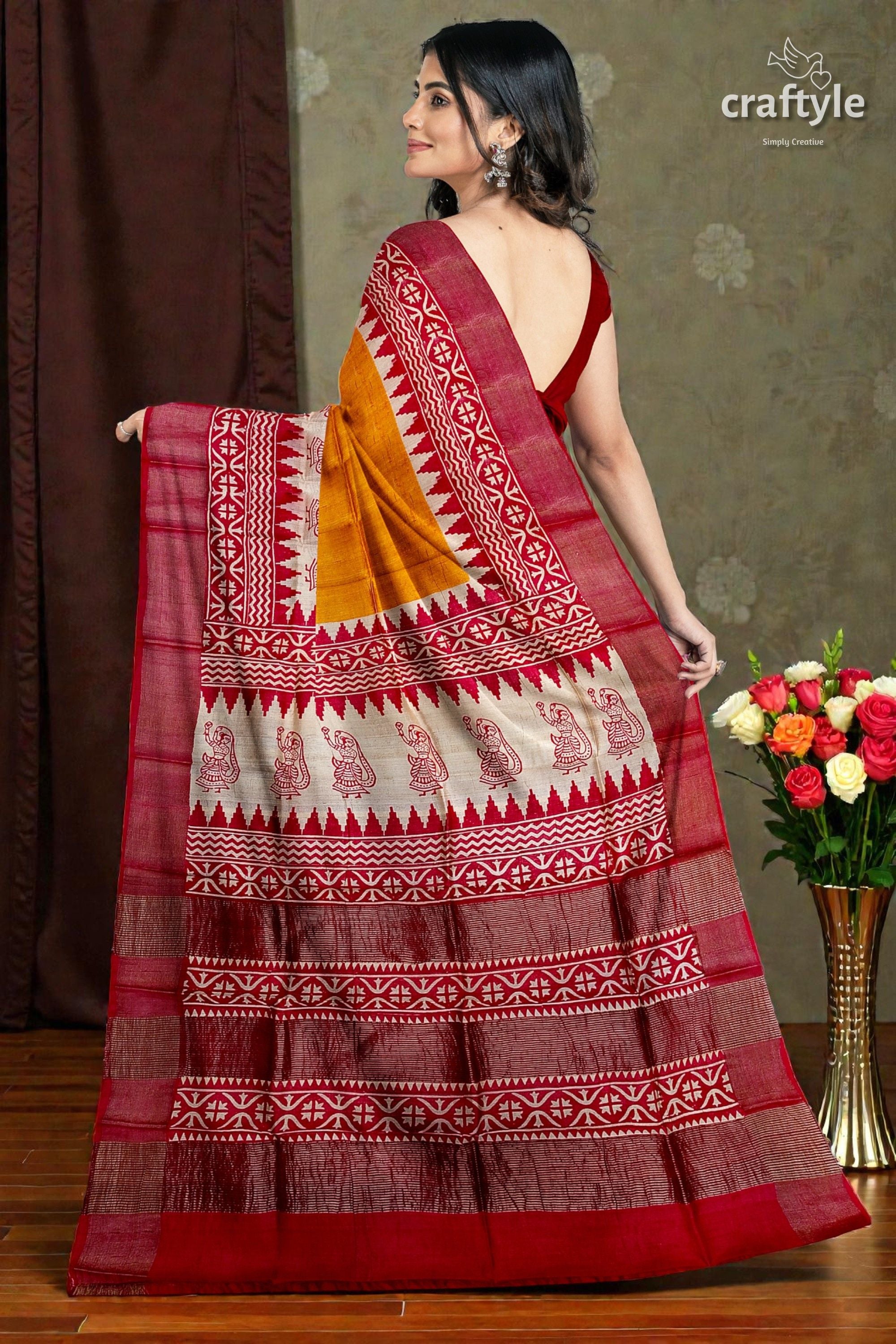 Orange Yellow Hand Block Print Zari Border Pure Tussar Saree