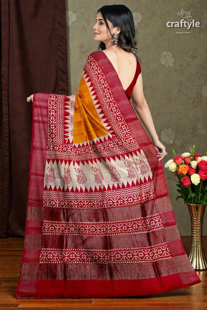 Orange Yellow Hand Block Print Zari Border Pure Tussar Saree