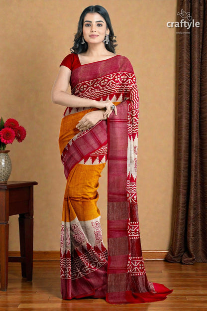Orange Yellow Hand Block Print Zari Border Pure Tussar Saree