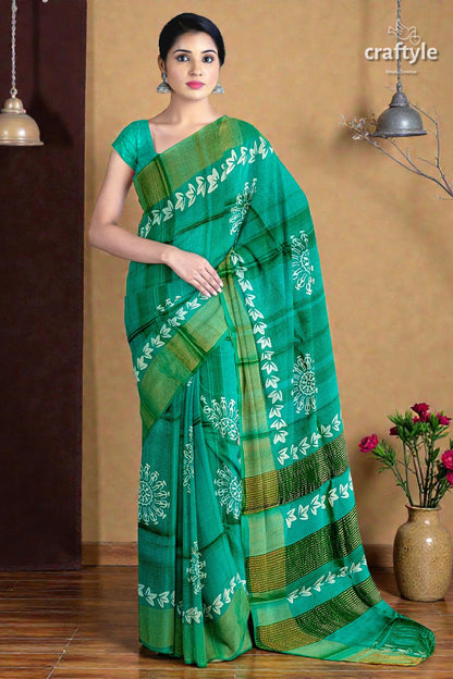 Turquoise Green Hand Block Print Pure Tussar Silk Saree with Zari Border
