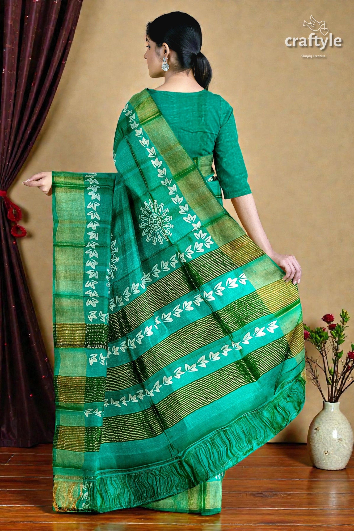 Turquoise Green Hand Block Print Pure Tussar Silk Saree with Zari Border