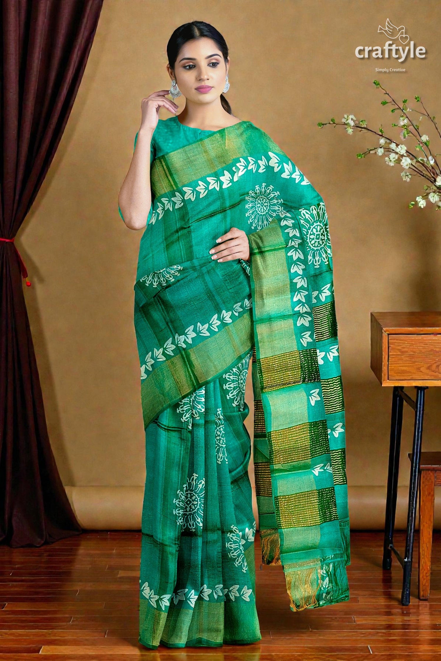 Turquoise Green Hand Block Print Pure Tussar Silk Saree with Zari Border