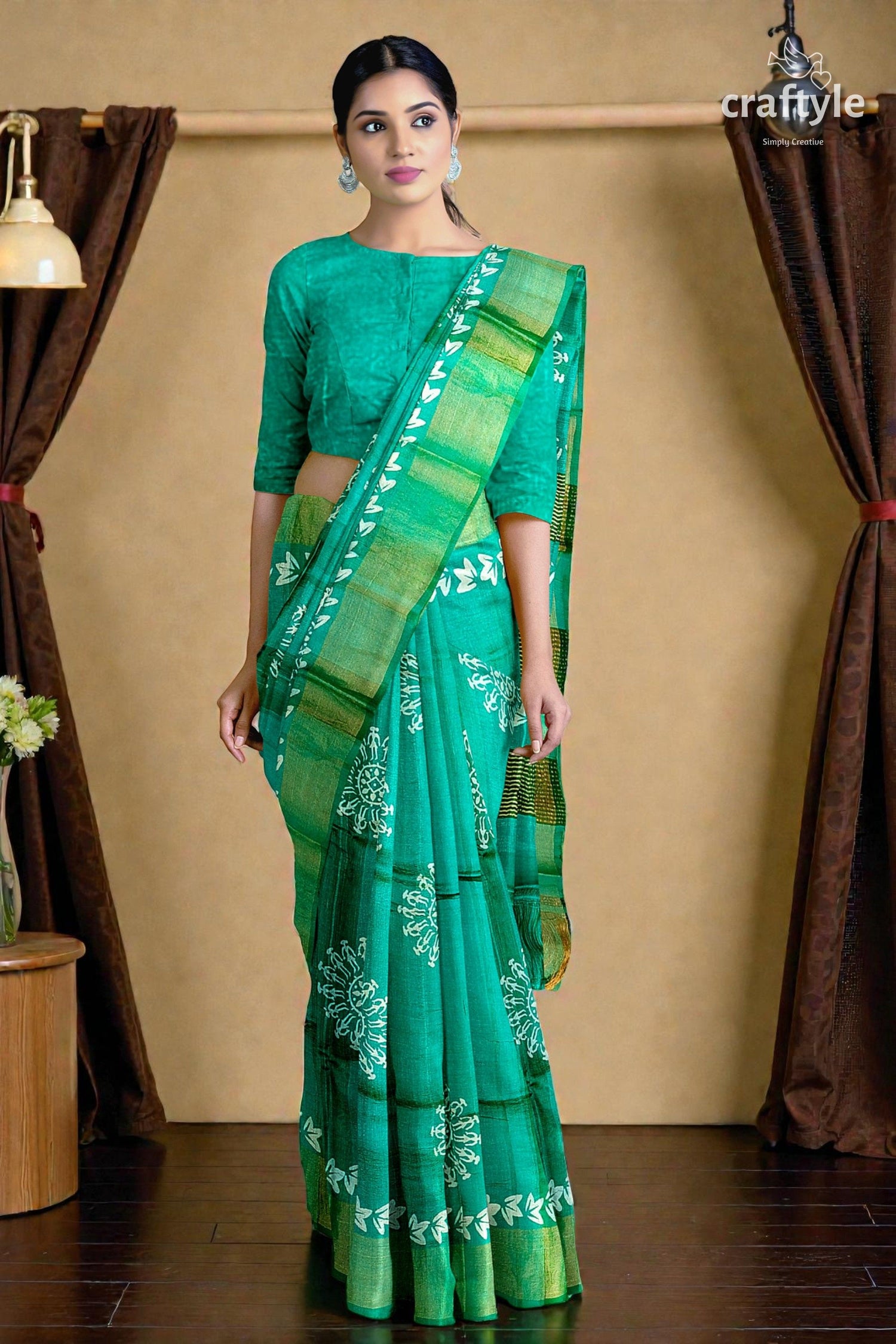 Turquoise Green Hand Block Print Pure Tussar Silk Saree with Zari Border