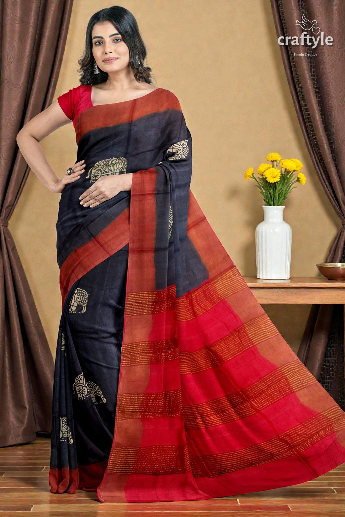 Black Elephant Design Pure Tussar Saree with Zari Border - Hand Block Print