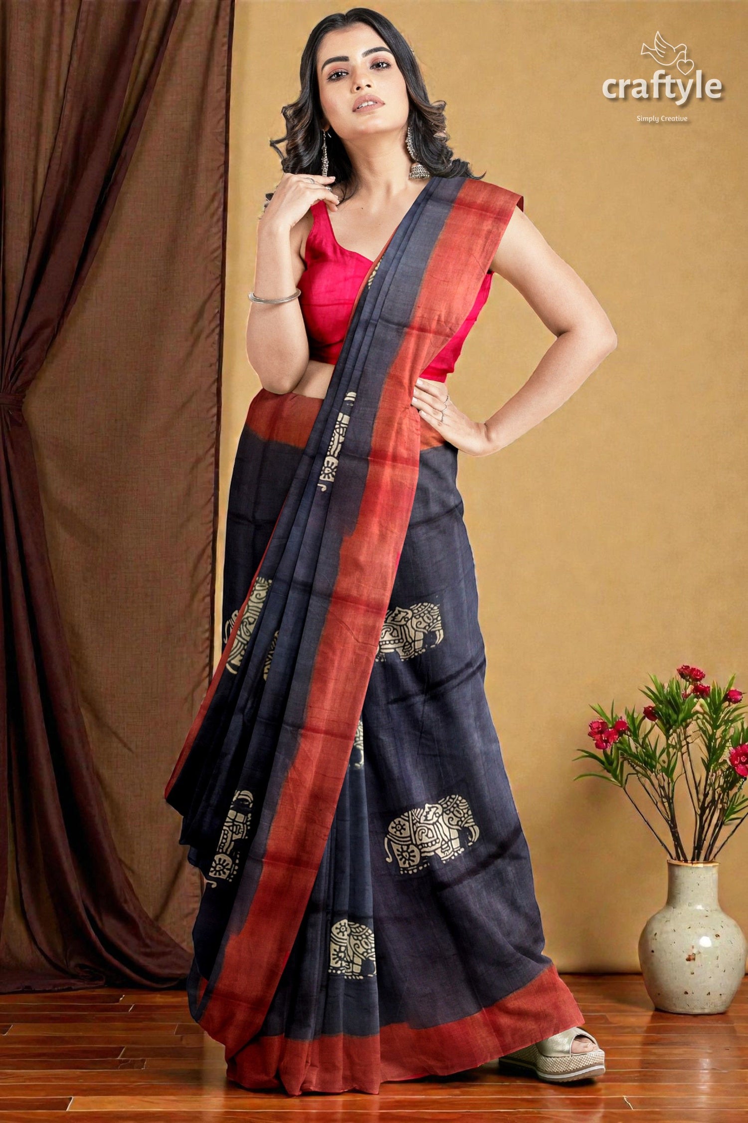 Black Elephant Design Pure Tussar Saree with Zari Border - Hand Block Print