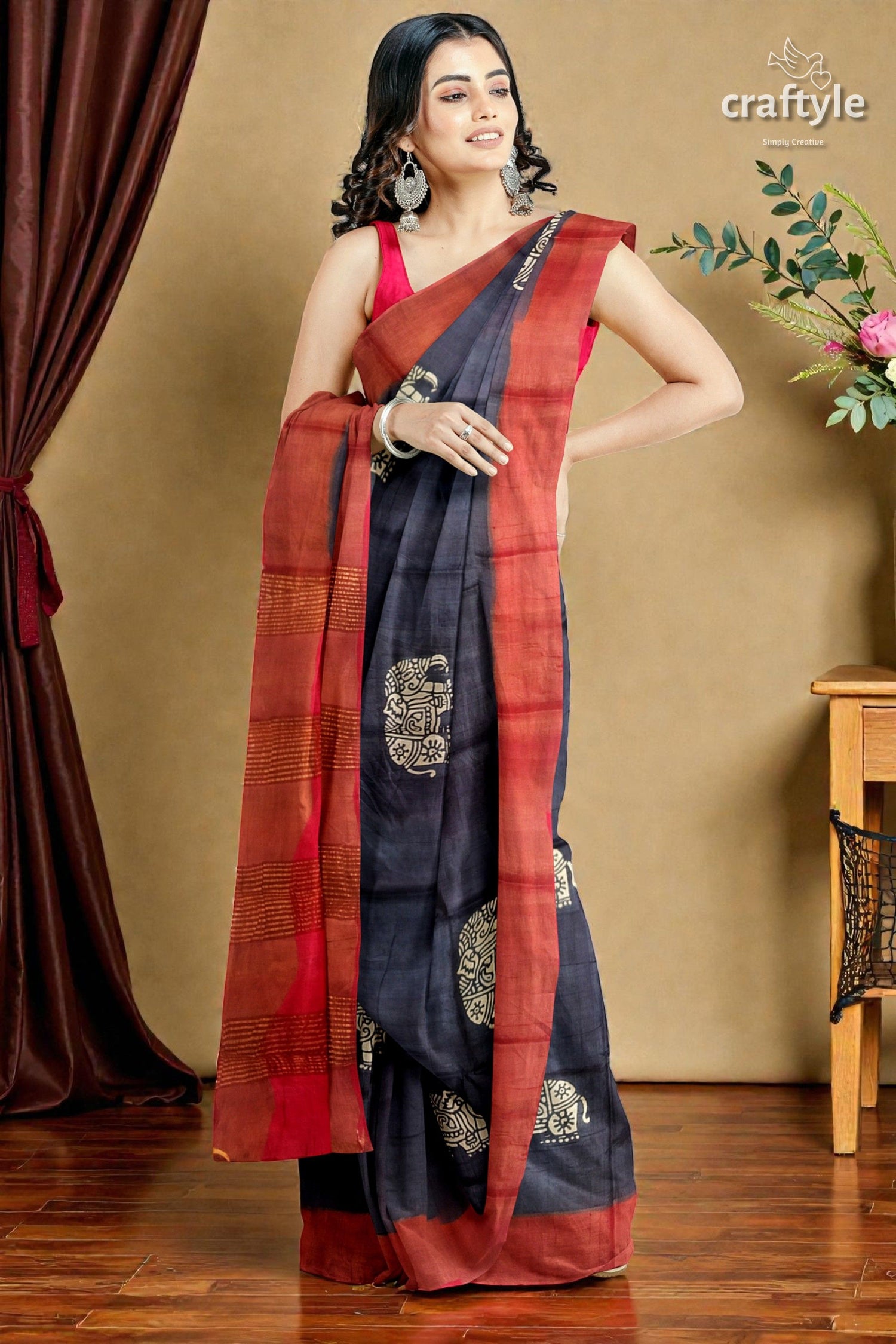 Black Elephant Design Pure Tussar Saree with Zari Border - Hand Block Print