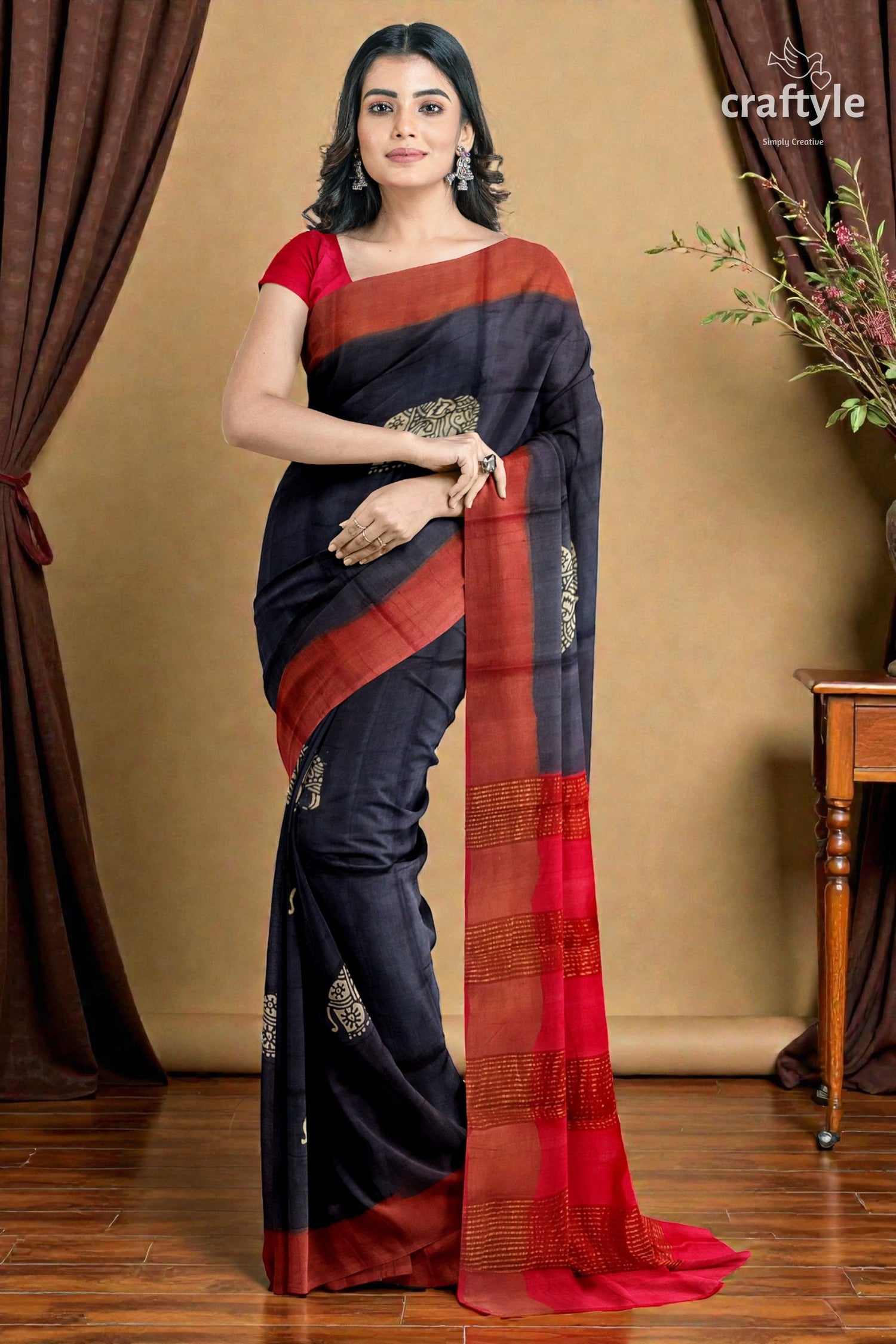 Black Elephant Design Pure Tussar Saree with Zari Border - Hand Block Print