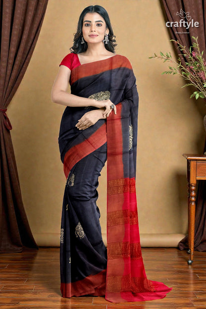 Black Elephant Design Pure Tussar Saree with Zari Border - Hand Block Print