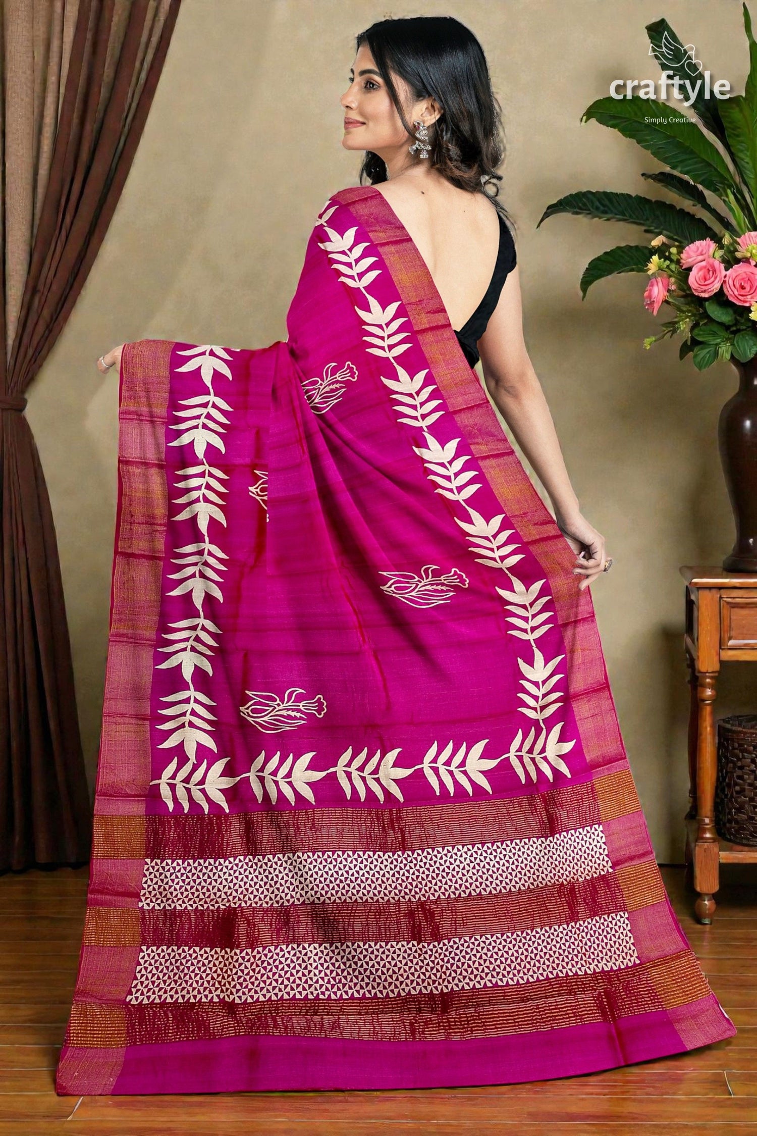 Magenta Hand Block Print Pure Tussar Silk Saree with Zari Border - Beautiful and Unique