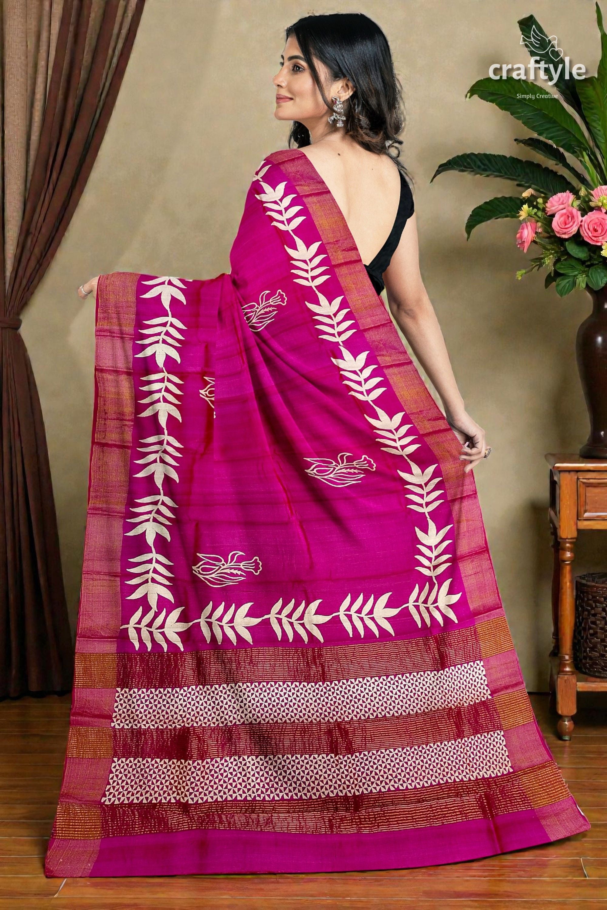 Magenta Hand Block Print Pure Tussar Silk Saree with Zari Border - Beautiful and Unique