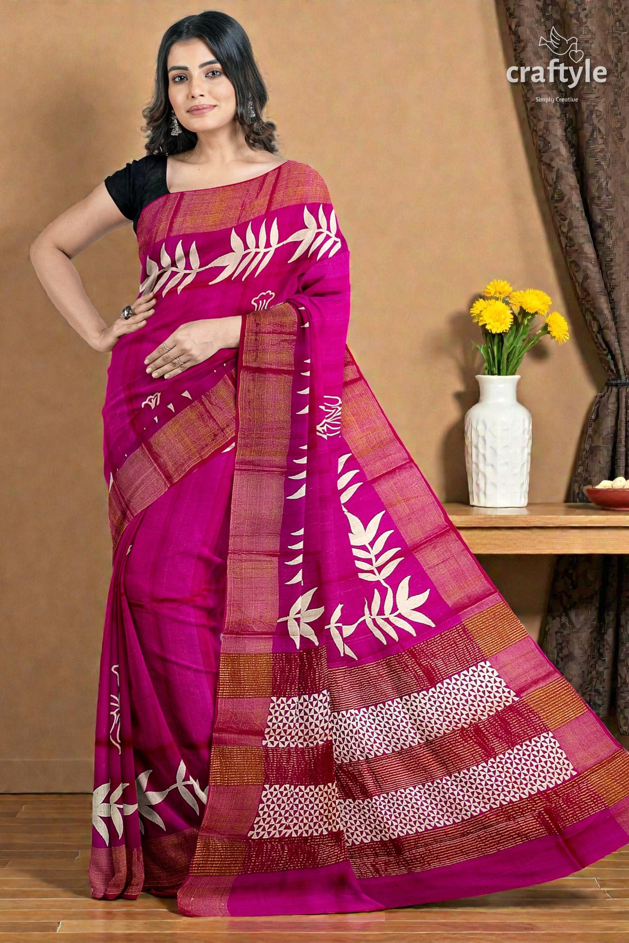 Magenta Hand Block Print Pure Tussar Silk Saree with Zari Border - Beautiful and Unique