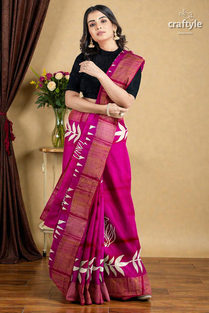 Magenta Hand Block Print Pure Tussar Silk Saree with Zari Border - Beautiful and Unique