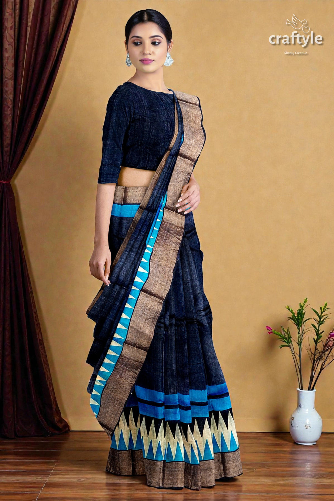 Gulf Blue Hand Block Print Zari Border Pure Tussar Saree