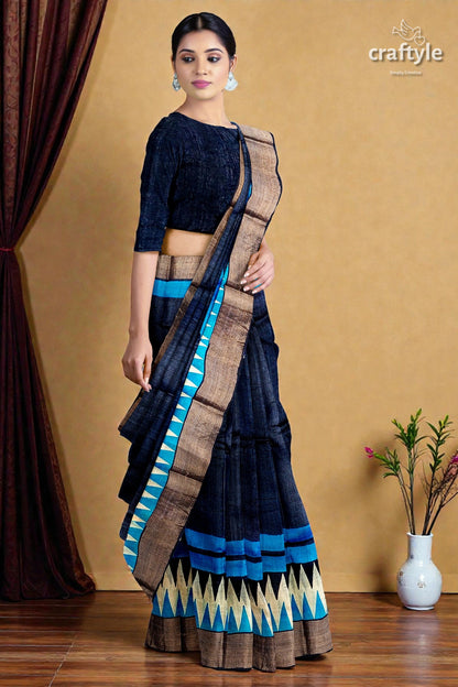 Gulf Blue Hand Block Print Zari Border Pure Tussar Saree