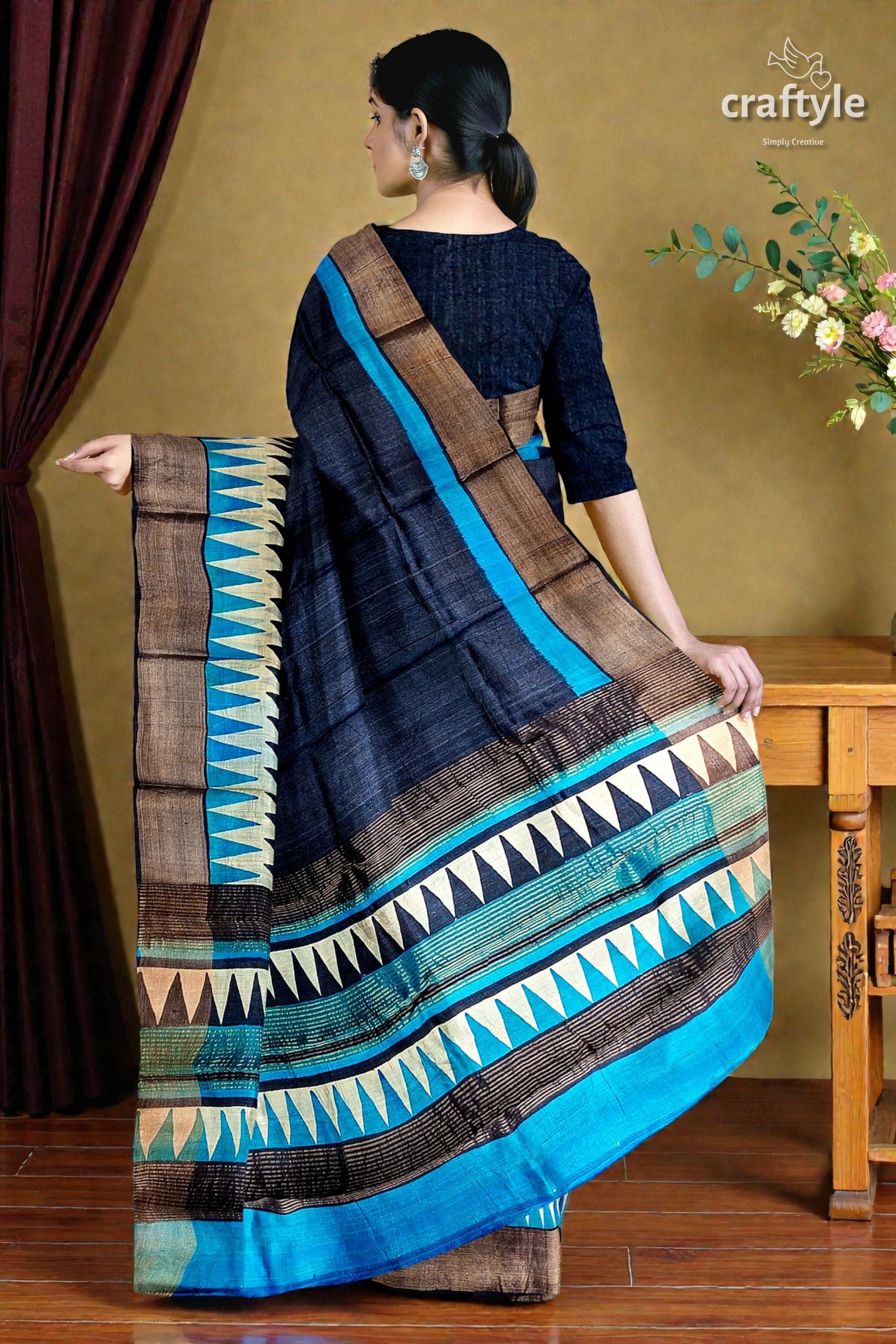 Gulf Blue Hand Block Print Zari Border Pure Tussar Saree