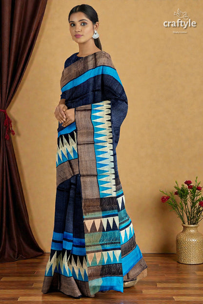 Gulf Blue Hand Block Print Zari Border Pure Tussar Saree