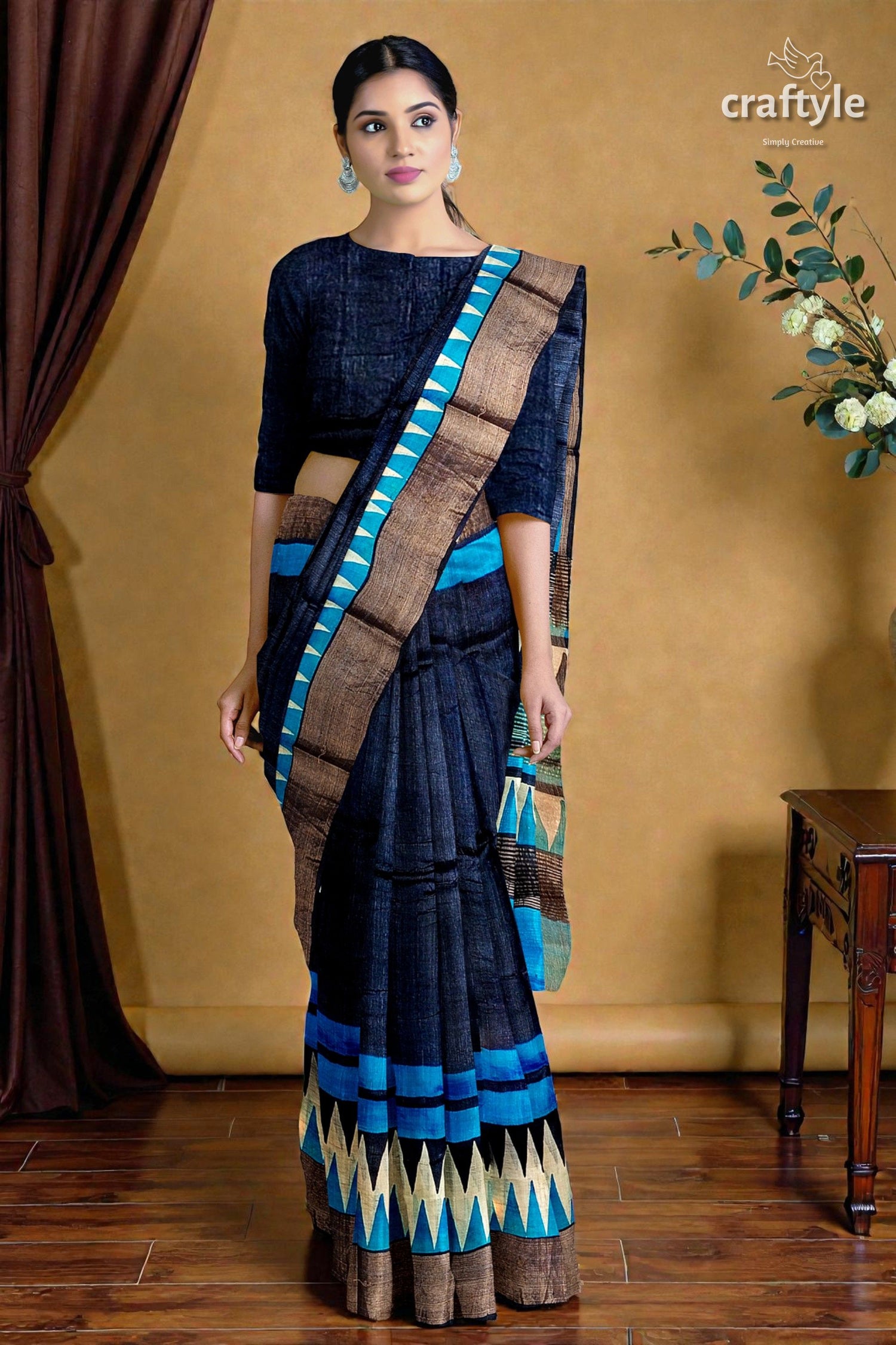 Gulf Blue Hand Block Print Zari Border Pure Tussar Saree