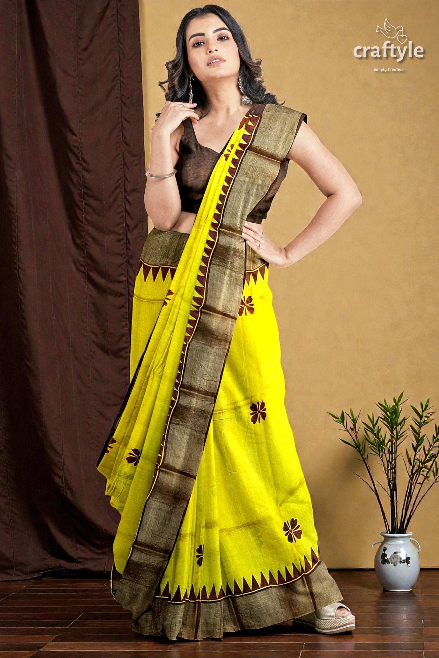 Yellow Coffee Brown Pure Tussar Saree with Hand Block Print Zari Border