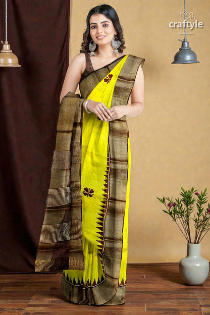 Yellow Coffee Brown Pure Tussar Saree with Hand Block Print Zari Border