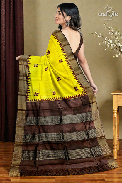 Yellow Coffee Brown Pure Tussar Saree with Hand Block Print Zari Border