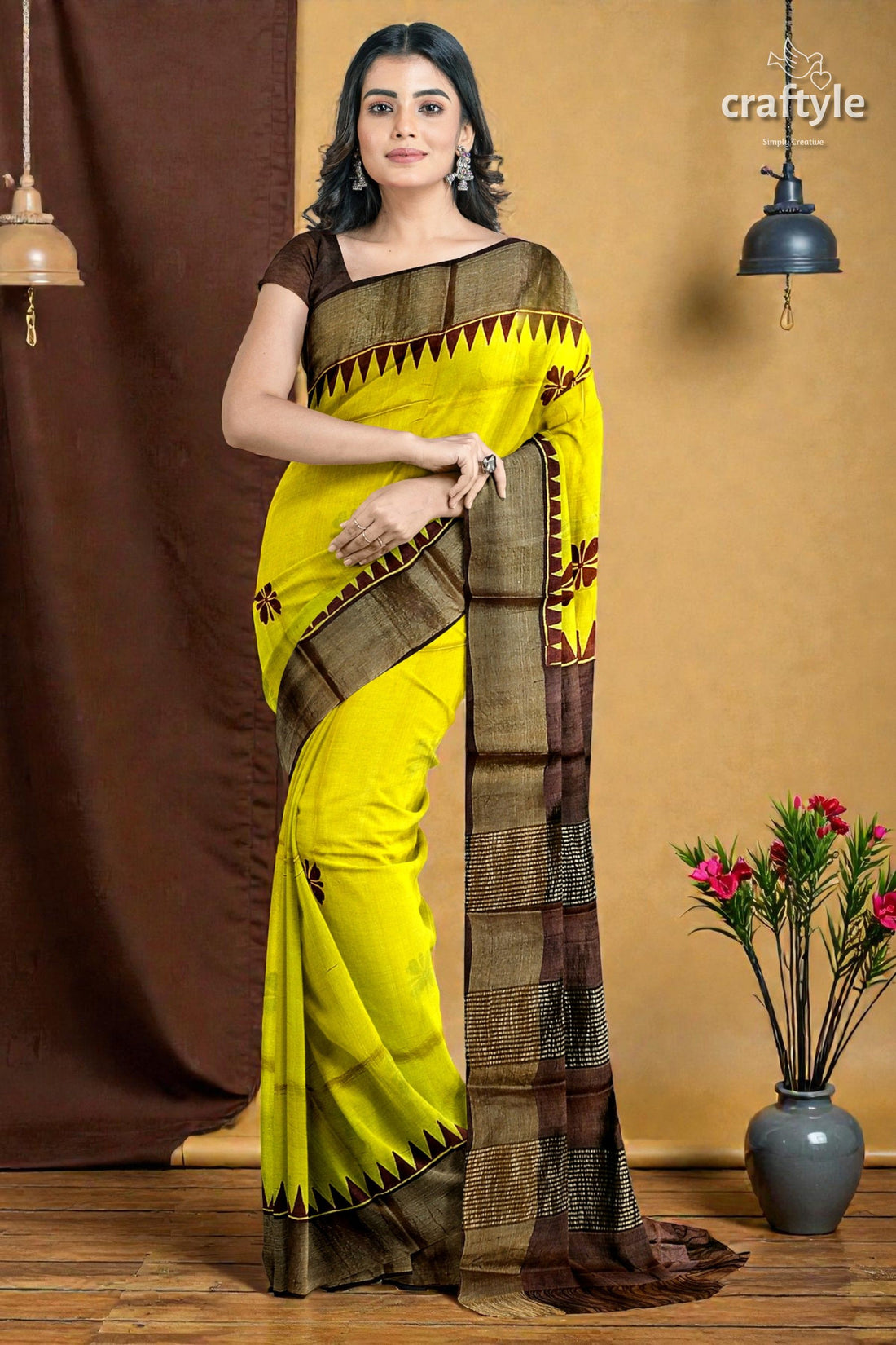 Yellow Coffee Brown Pure Tussar Saree with Hand Block Print Zari Border