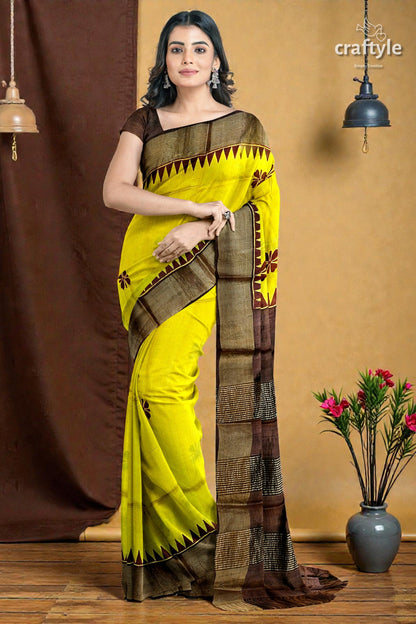 Yellow Coffee Brown Pure Tussar Saree with Hand Block Print Zari Border